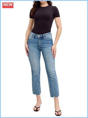 Mid Rise Vintage Wash Destroy Hem Kick Flare Jeans Inseam 26